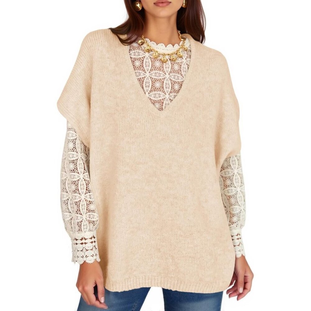Womens Oversized Knit Sweater Vest V Neck Batwing Short Sleeve Casual Top